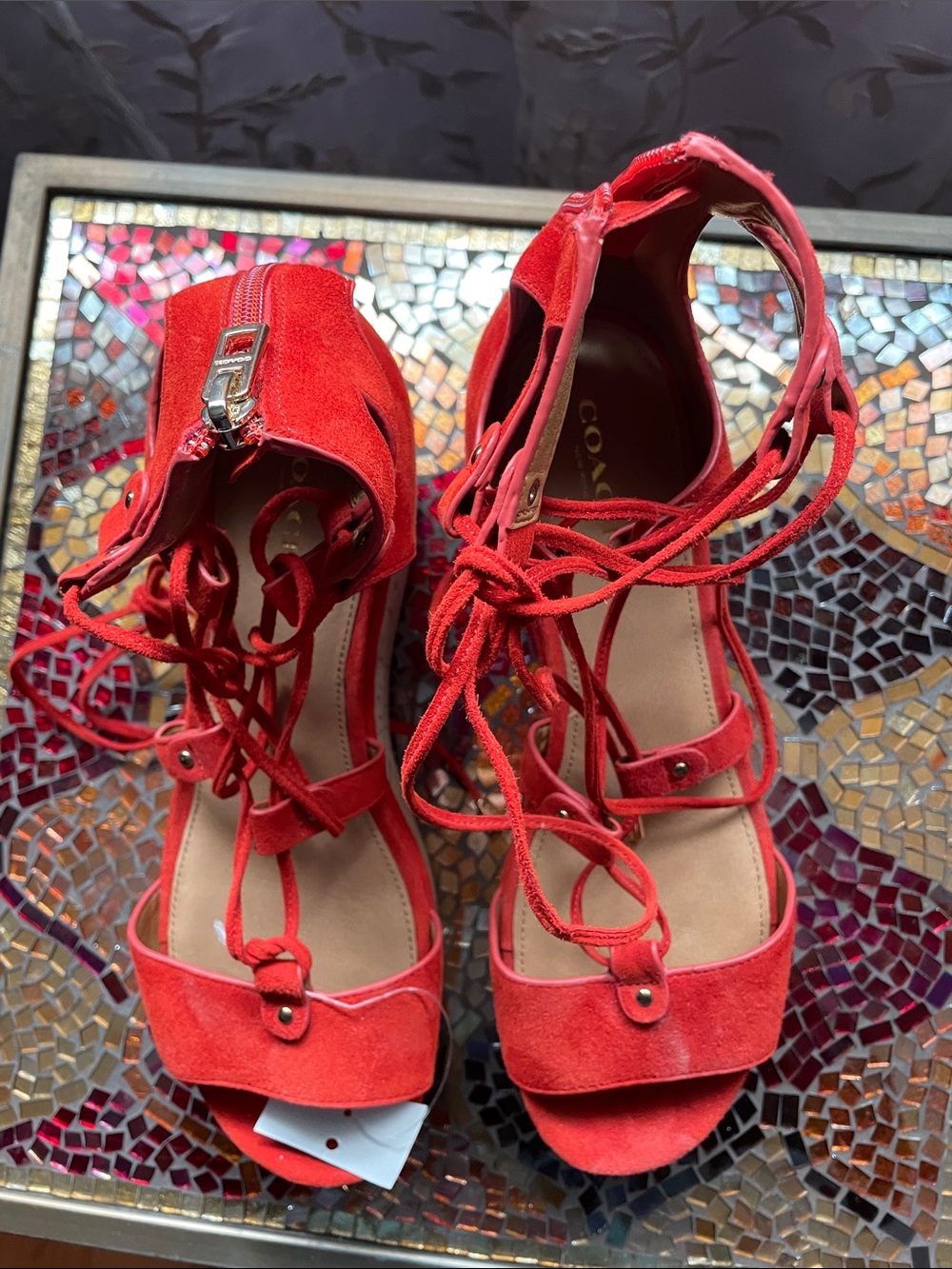 NEW Coach Red Suede Lace-Up Platform Heels